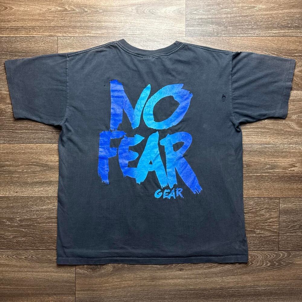 Vintage Black 1990s Single Stitch No Fear Graphic Tee; Blue 'NO FEAR' Text